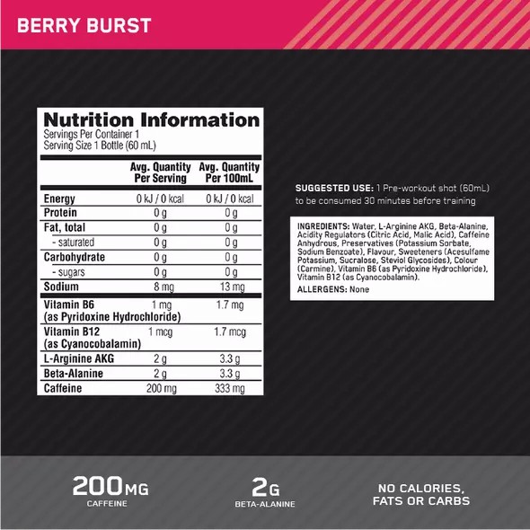 Optimum Nutrition Pure Pre 200 Pre-Workout Shot Berry 60ml (12 shots) Mexico | 937082LDT