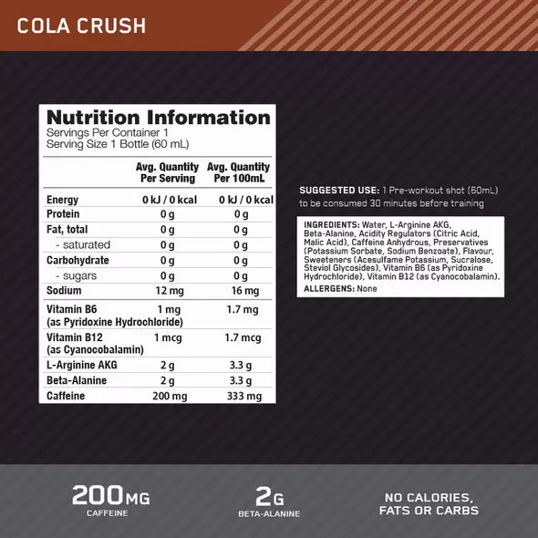 Optimum Nutrition Pure Pre 200 Pre-Workout Shot Cola 60ml (12 shots) Mexico | 409327PUQ