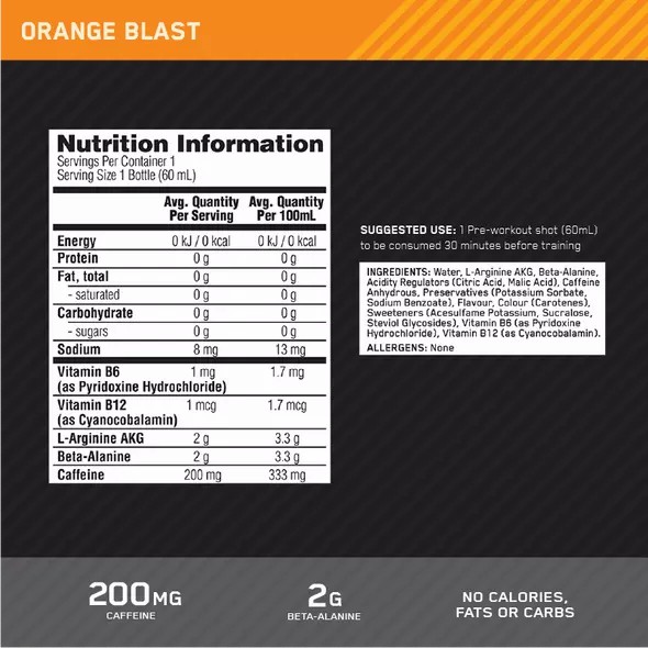 Optimum Nutrition Pure Pre 200 Pre-Workout Shot Orange 60ml (12 shots) Mexico | 568079LWX